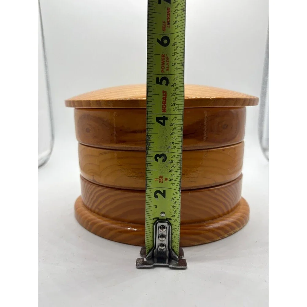 Mid-Century Modern (MCM) multi-tier wooden swivel jewelry box.